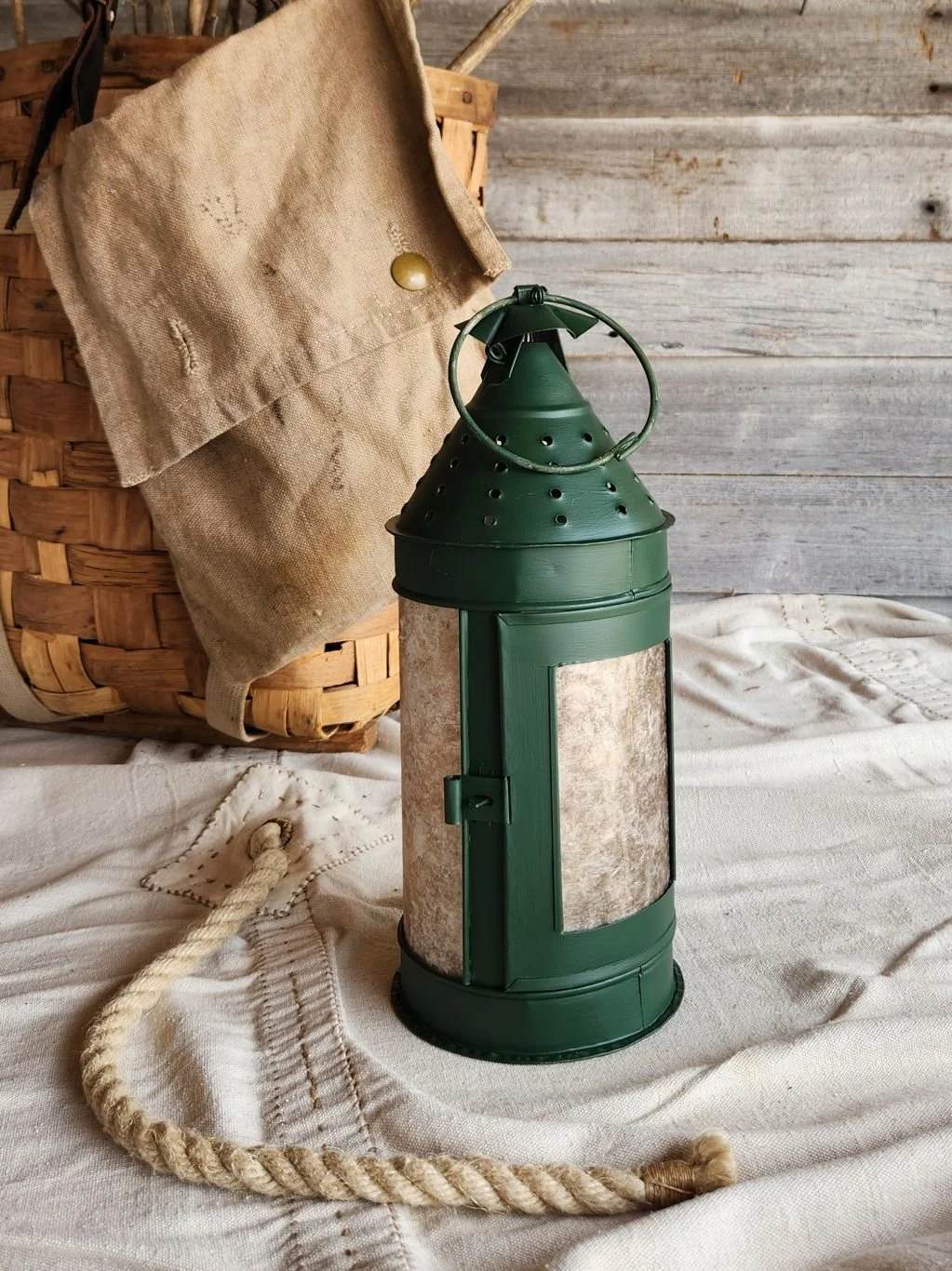 Handmade green tin monk's candle lantern made by R Gorrell — Rob